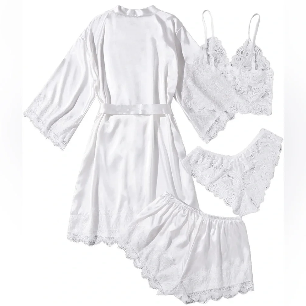 Women' White Silk Satin Pajamas Set 4pcs Lingerie with Robe - Picture 2 of 7